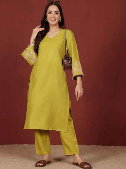 Lime Green Floral Embroidered V-Neck Thread Work Straight Kurta With Trousers