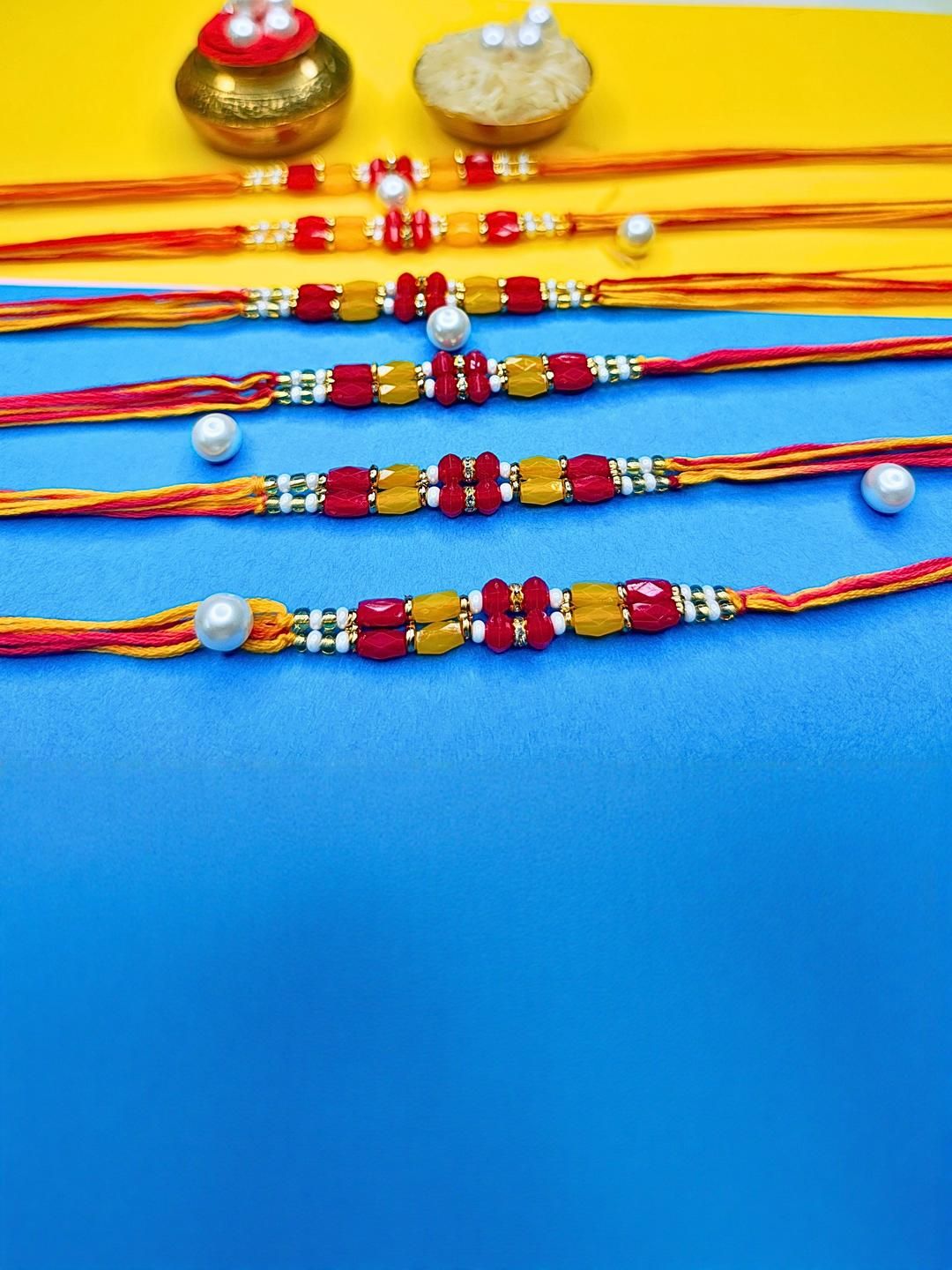 Dhiyona Set Of 6 Beaded Cotton Thread with AD Stones & Meenakari Designer Rakhi for Brother