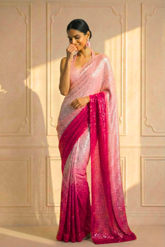Dhiyona ST Barbie Pink Ombre' Knitted Sequin Saree with Blouse Fabric
