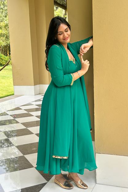 Dhiyona ST 3 pc Suit Set - Terribily Nice Green Georgette 3/4th Sleeve Anarkali with Gold Embroidery and Dupatta with Pants