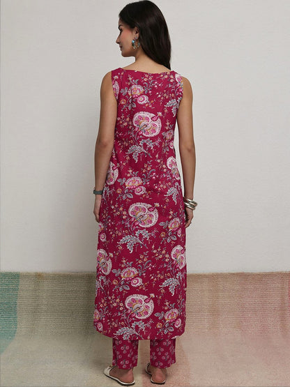 Red Floral Printed Cotton Straight Kurta Set