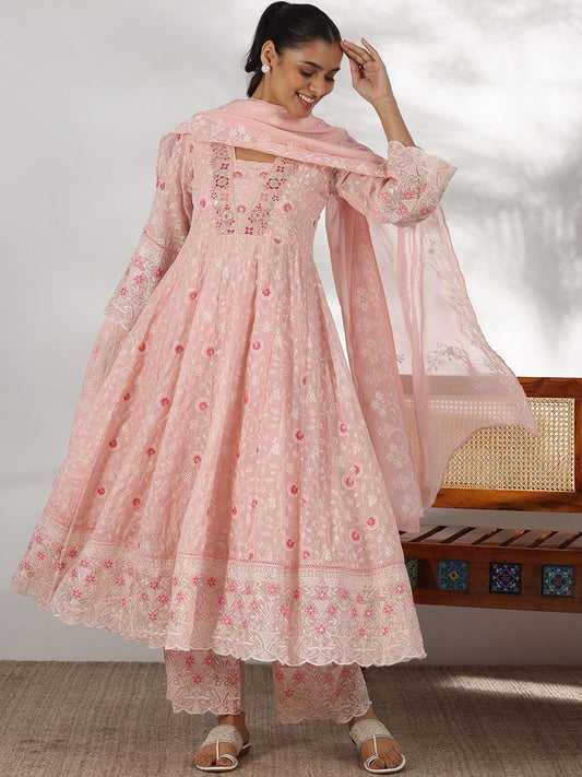 Dhiyona LL Womens Pink Embroidered Organza Anarkali Kurta With Palazzos & Dupatta