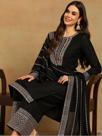 Dhiyona KL Ethnic Motifs Embroidered Regular Sequinned Kurta with Palazzos & Dupatta