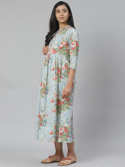 Dhiyona AY Women's Blue & Green Floral Printed Pure Cotton Maternity A-Line Dress