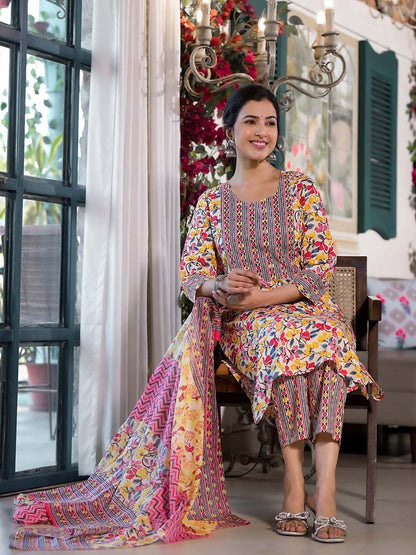 Dhiyona KL Floral Printed Regular Mirror Work Pure Cotton Kurta With Trouser & Dupatta