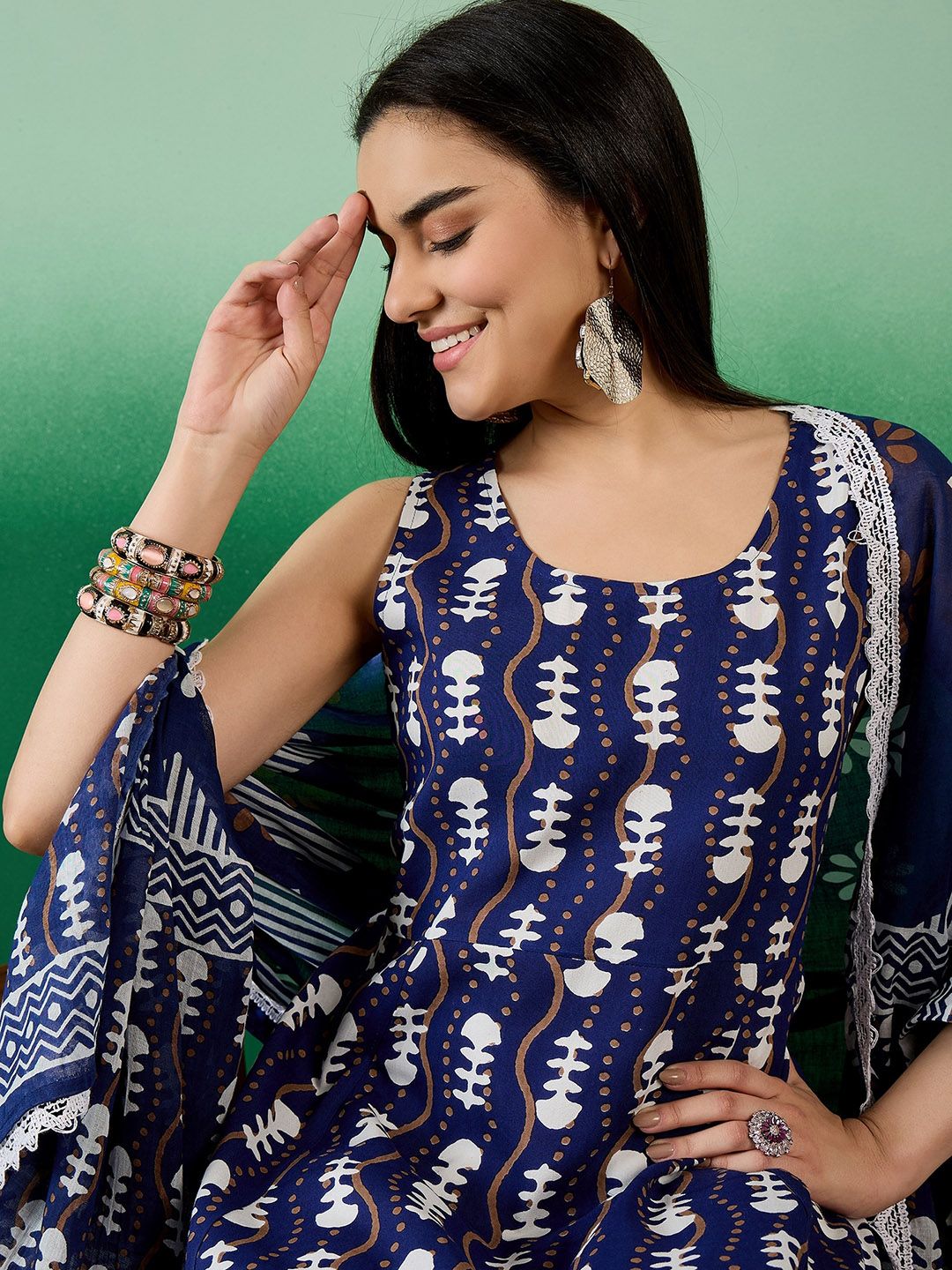 Dhiyona SN Women's Blue Ethnic Motifs Round Neck Gotta Patti Anarkali Kurta With Trousers & Dupatta