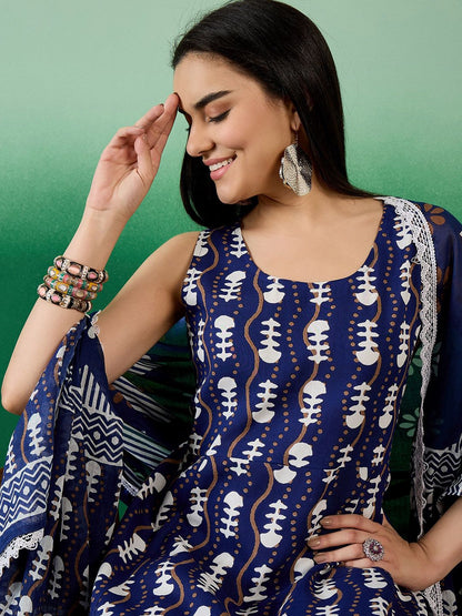 Dhiyona SN Women's Blue Ethnic Motifs Round Neck Gotta Patti Anarkali Kurta With Trousers & Dupatta