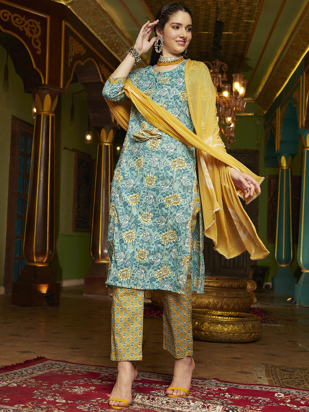 Floral Printed Pure Cotton Straight Kurta With Trouser & Dupatta Set