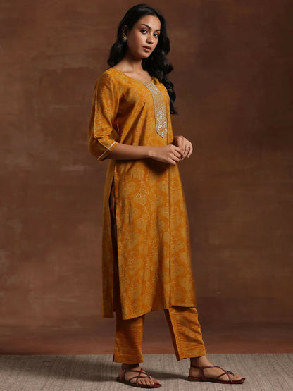 Women's LB Mustard Printed Silk Blend Straight Suit With Dupatta