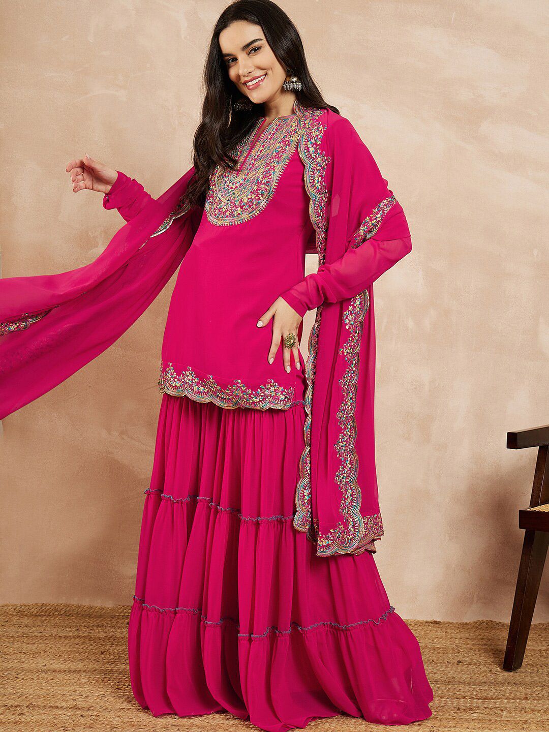 Dhiyona IN Pink & Gold Toned Yoke Design Embroidered Straight Kurta With Sharara & Dupatta