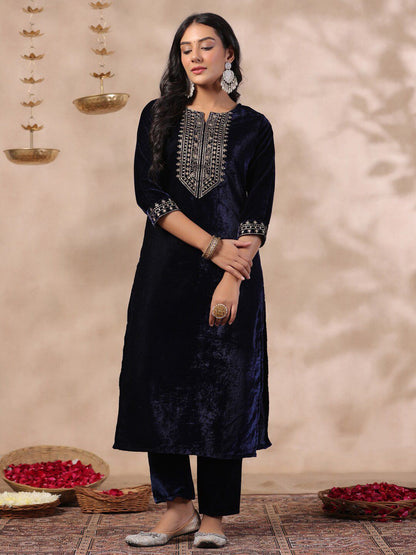 Dhiyona IS Women's Ethnic Motifs Thread Work Notch Neck Velvet Yoke Design Kurta With Trouser & Dupatta