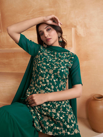 Dhiyona IN Floral Embroidered Kurta With Sharara & Dupatta
