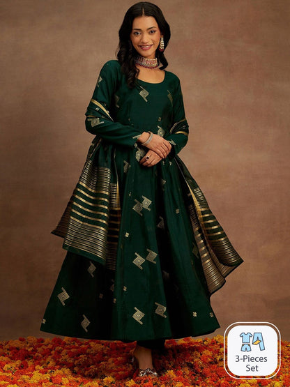 Dhiyona LL Womens Green Woven Design Anarkali Kurta With Palazzos & Dupatta