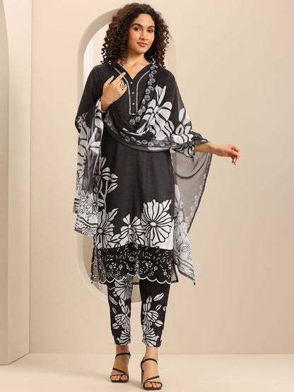 Floral Printed V-Neck Thread Work Straight Kurta With Trousers & Dupatta