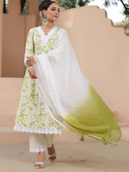 Dhiyona RR Women's Floral Printed Pure Cotton Straight Kurta With Trousers & Dupatta