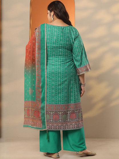 Dhiyona Women's Plus Size Printed Square Neck Straight Kurta With Palazzos & Dupatta