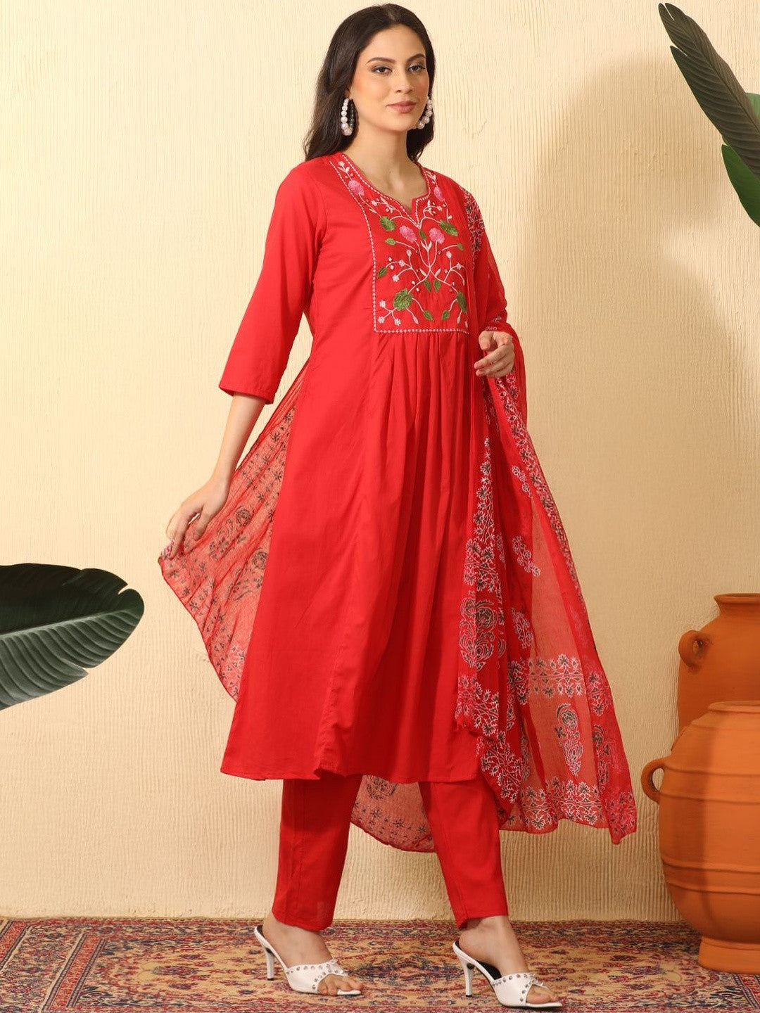 Women Floral Embroidered Empire Mirror Work Pure Cotton Kurta with Trousers & With Dupatta