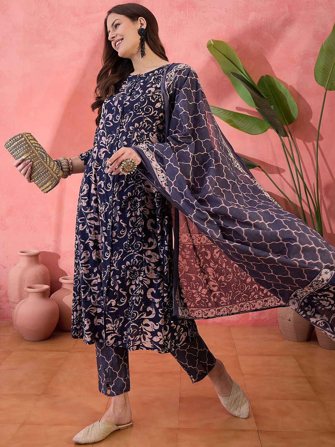 Dhiyona SN Women's Floral Printed Pure Cotton Anarkali Kurta With Trouser And Dupatta