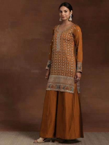 Women's LB Adaa Rust Embroidered Silk Blend Straight Kurta With Palazzos & Dupatta