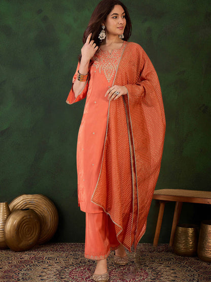 Zari Sequence Embroidered Straight Kurta Set With Dupatta