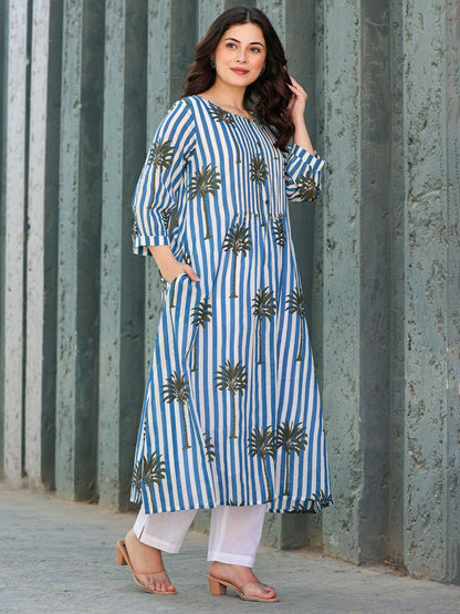 Floral Printed Round Neck Pure Cotton A-Line Kurta With Trousers