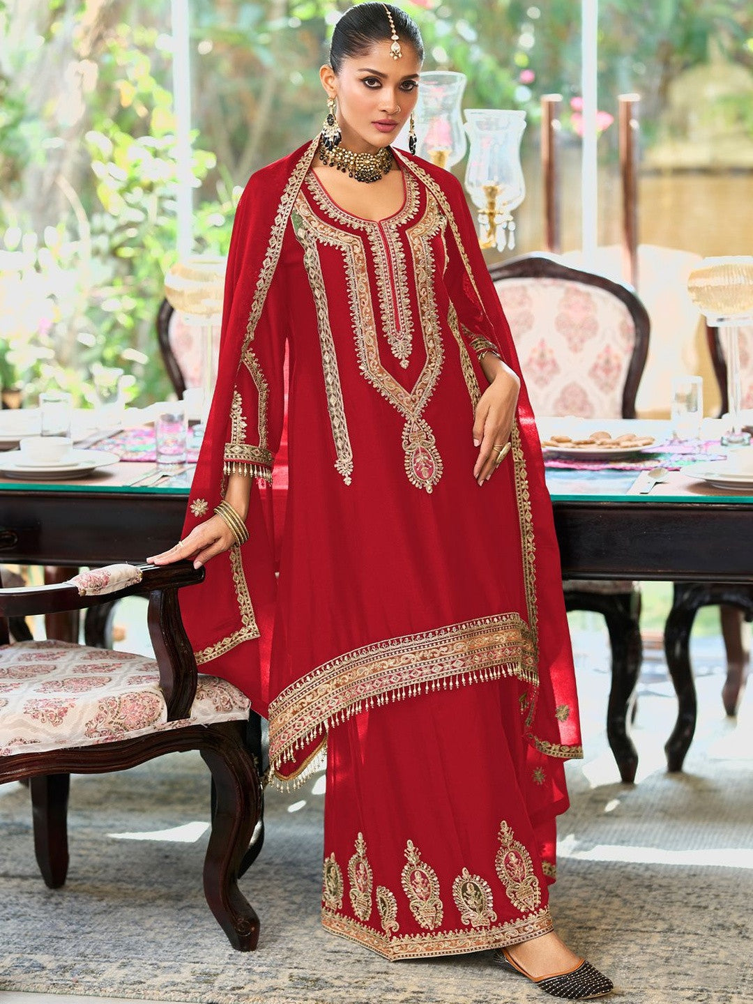 Women Embroidered Mirror Work Kurta with Palazzos & Dupatta