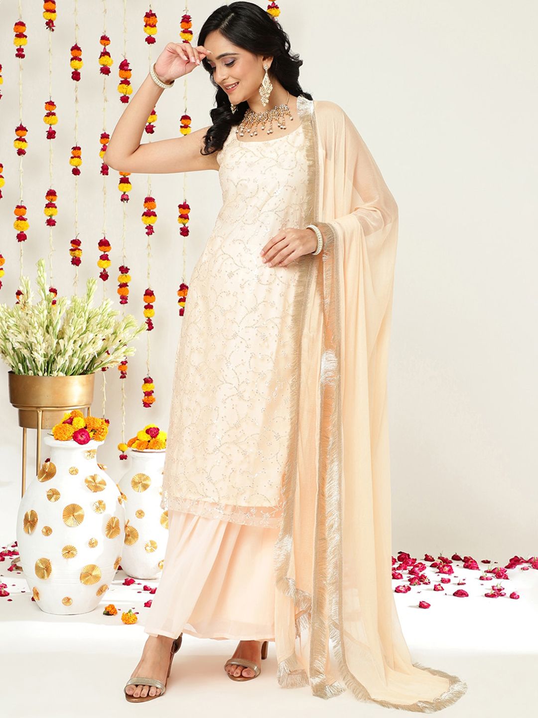 Dhiyona VA Floral Embroidered Sequinned Straight Kurta & Sharara With Dupatta