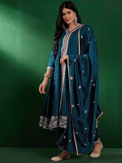 Alina Cut Ethnic Motifs Embroidered Regular Kurta With Trousers & With Dupatta