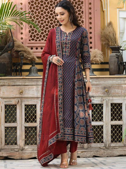 Dhiyona RR Women's Ethnic Motifs Printed Sequinned Pure Cotton Kurta Set
