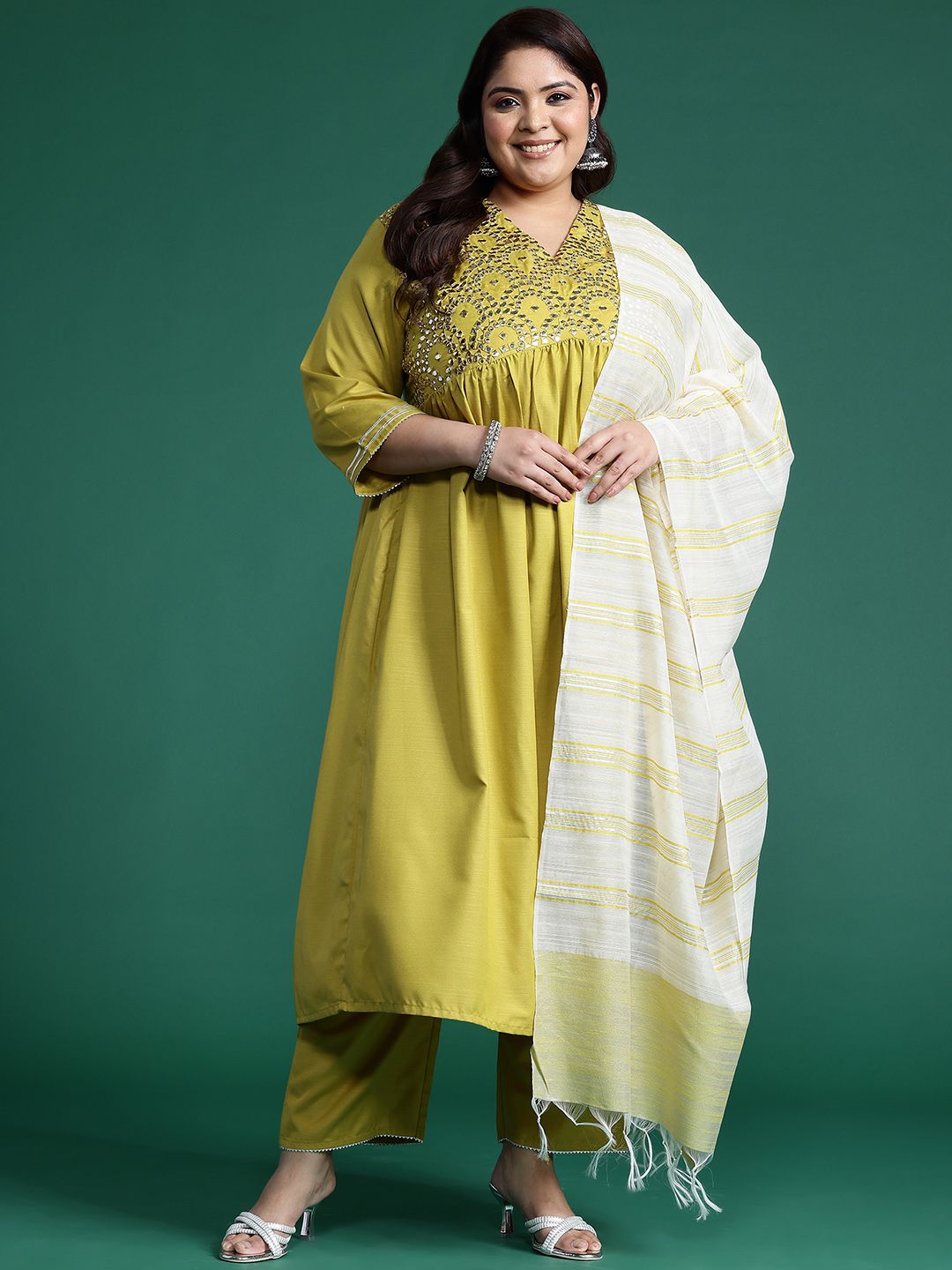 Dhiyona Women's Plus Size Embroidered Empire Mirror Work Kurta With Trousers & Dupatta