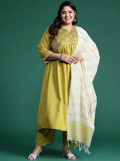 Dhiyona Women's Plus Size Embroidered Empire Mirror Work Kurta With Trousers & Dupatta