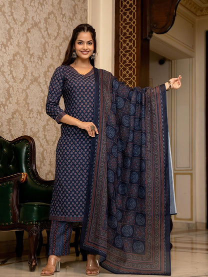 Dhiyona KL Ethnic Motifs Printed Regular Gotta Patti Straight Kurta with Trousers & Dupatta
