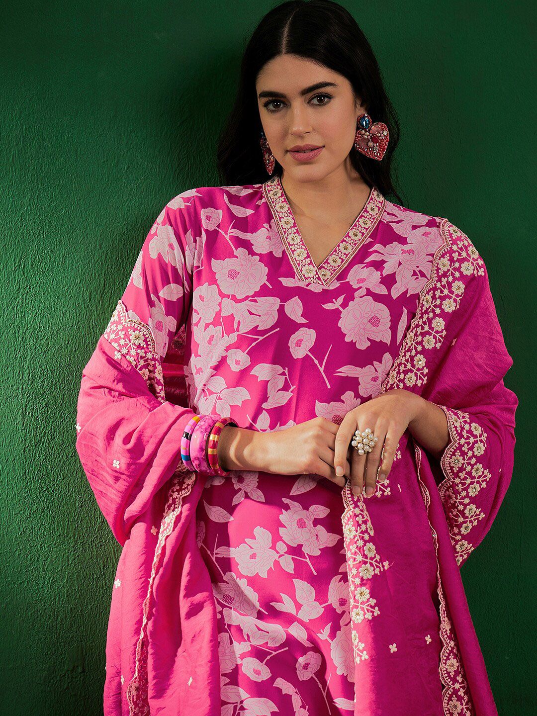 Dhiyona SN Floral Printed Beads & Stones Zari Straight Kurta With Palazzo & Dupatta