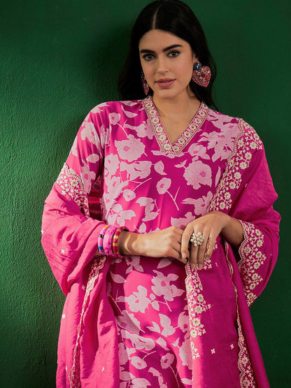 Dhiyona SN Floral Printed Beads & Stones Zari Straight Kurta With Palazzo & Dupatta