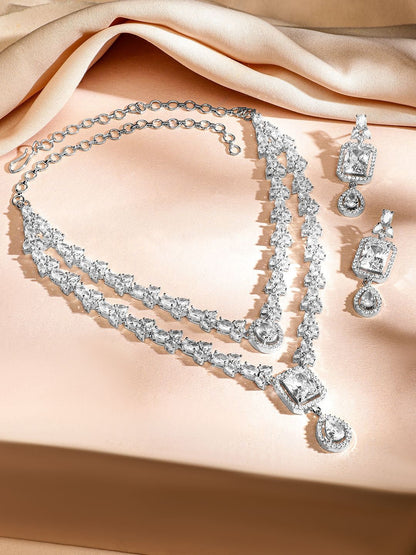 Dhiyona RJ Women's Rhodium-Plated White Cubic Zirconia Studded Luxe Double-Layer Necklace Set