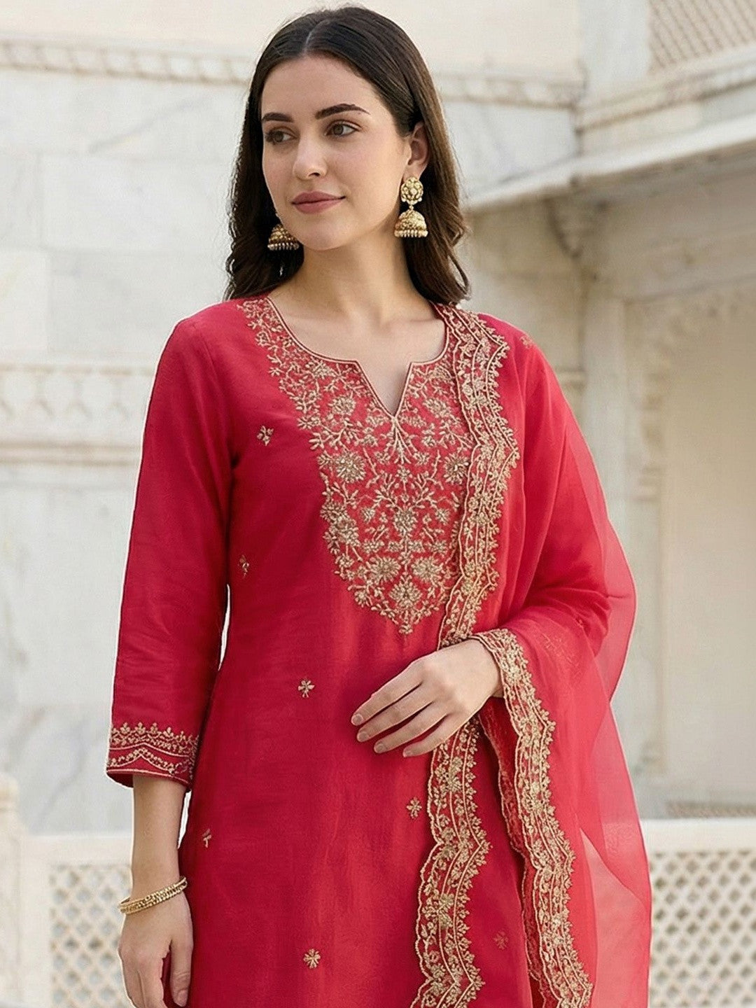 Women Ethnic Motifs Embroidered Regular Thread Work Liva Kurta with Trousers & With Dupatta