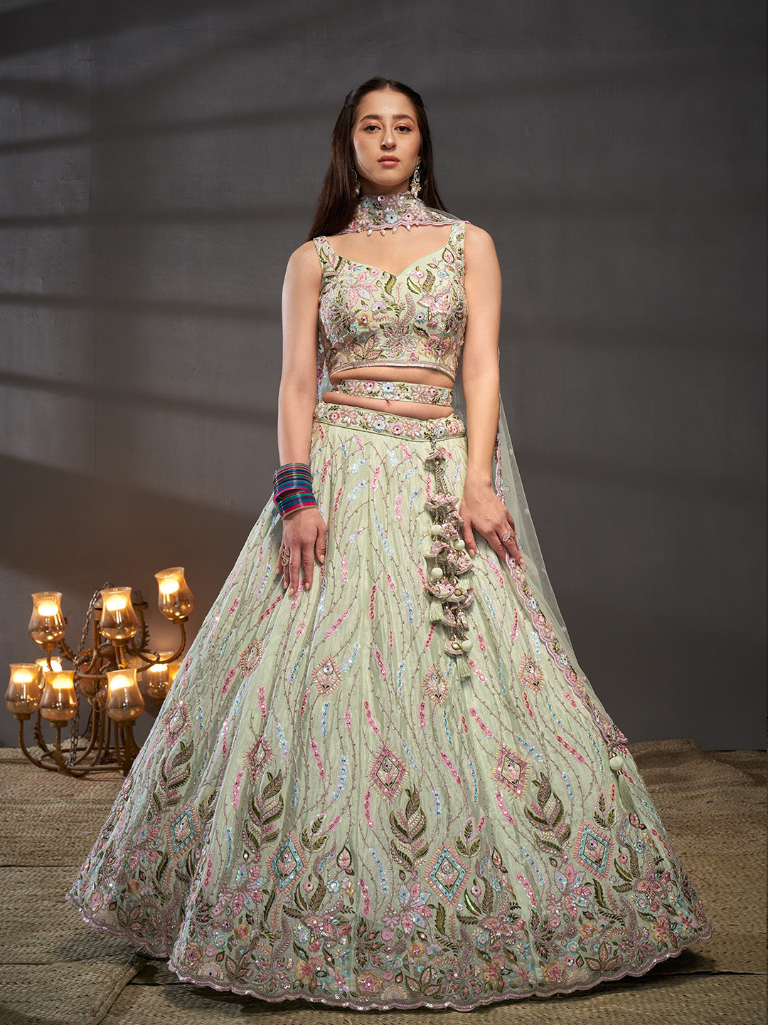 Women Lime Green Pure Chiffon Mirror Zarkan & heavy Sequin embroidery Semi-Stitched Bridel Lehenga choli & Dupatta