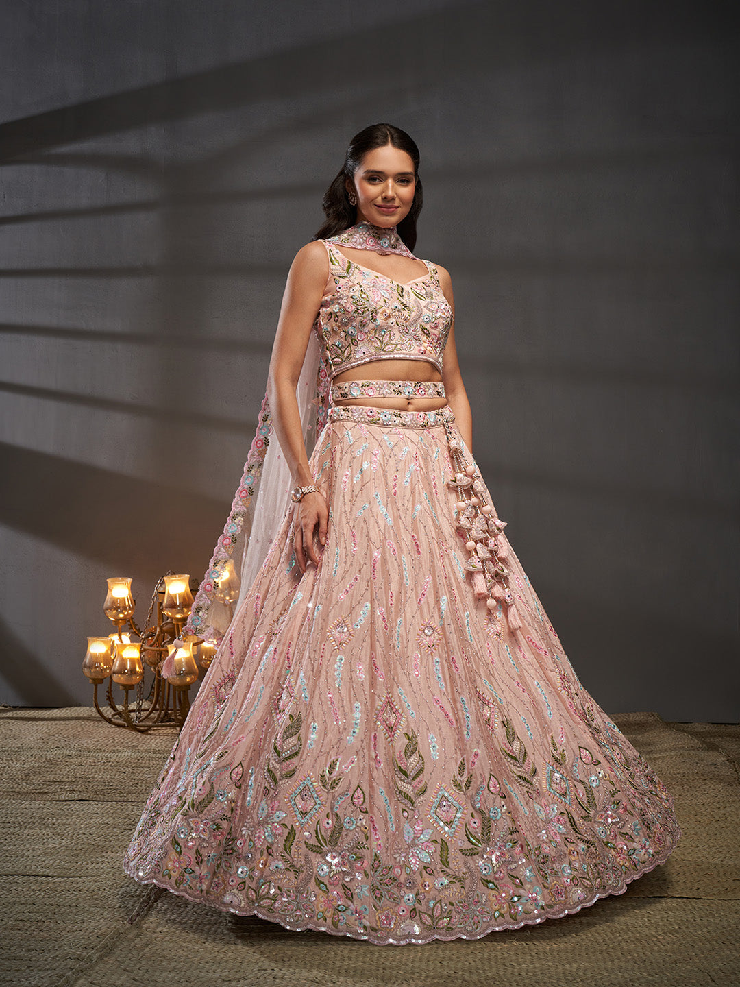 Women Peach Pure Chiffon Mirror Zarkan & heavy Sequin embroidery Semi-Stitched Bridel Lehenga choli & Dupatta