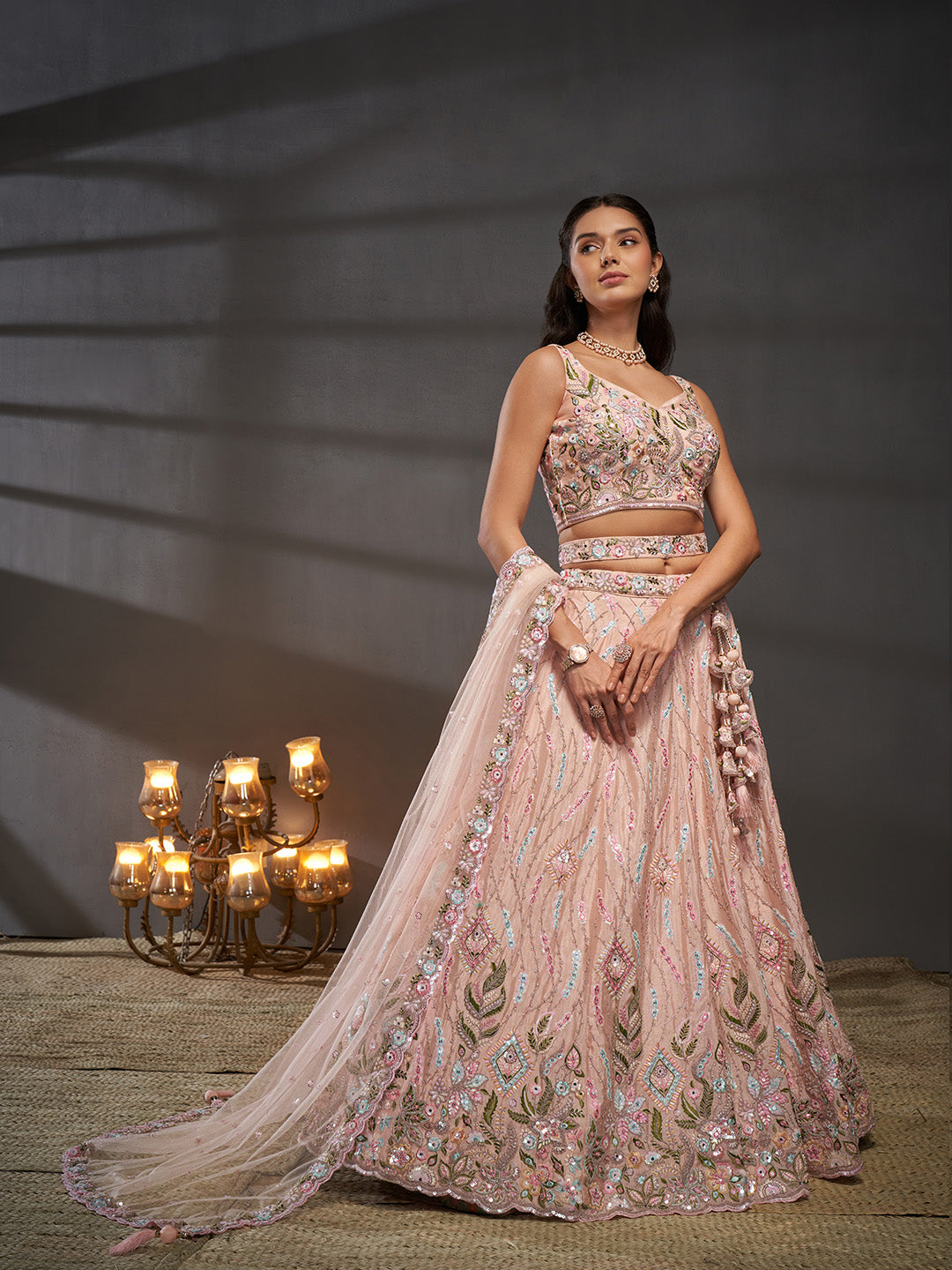 Women Peach Pure Chiffon Mirror Zarkan & heavy Sequin embroidery Semi-Stitched Bridel Lehenga choli & Dupatta