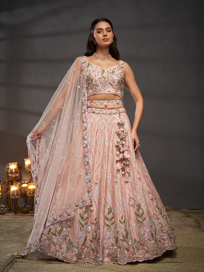 Women Peach Pure Chiffon Mirror Zarkan & heavy Sequin embroidery Semi-Stitched Bridel Lehenga choli & Dupatta