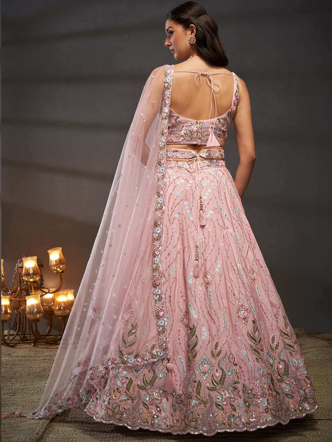 Women Pink Pure Chiffon Mirror Zarkan & heavy Sequin embroidery Semi-Stitched Bridel Lehenga choli & Dupatta