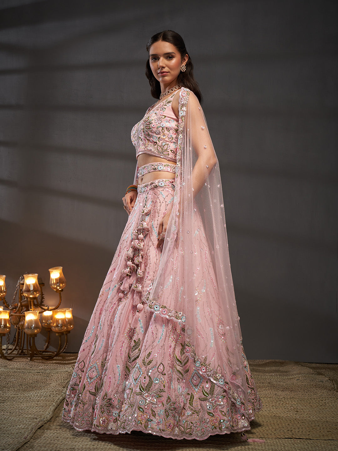 Women Pink Pure Chiffon Mirror Zarkan & heavy Sequin embroidery Semi-Stitched Bridel Lehenga choli & Dupatta