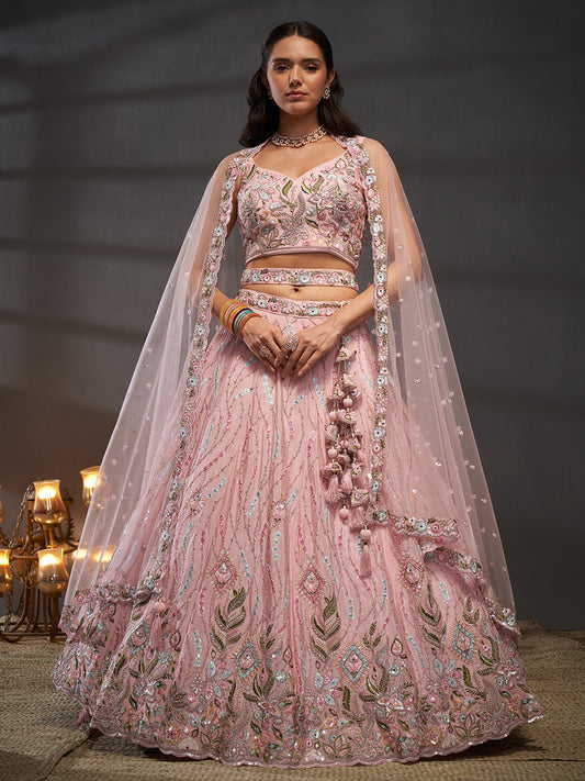 Women Pink Pure Chiffon Mirror Zarkan & heavy Sequin embroidery Semi-Stitched Bridel Lehenga choli & Dupatta