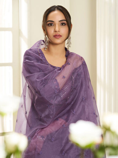 Dhiyona IN Floral Yoke Design Round Neck Sequinned Anarkali Kurta With Palazzos & Dupatta