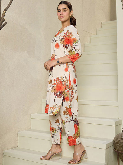 Floral Printed V-Neck Pure Cotton Straight Kurta with Trousers