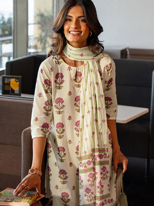 Off White Floral Printed Keyhole Neck Straight Kurta With Salwar & Dupatta