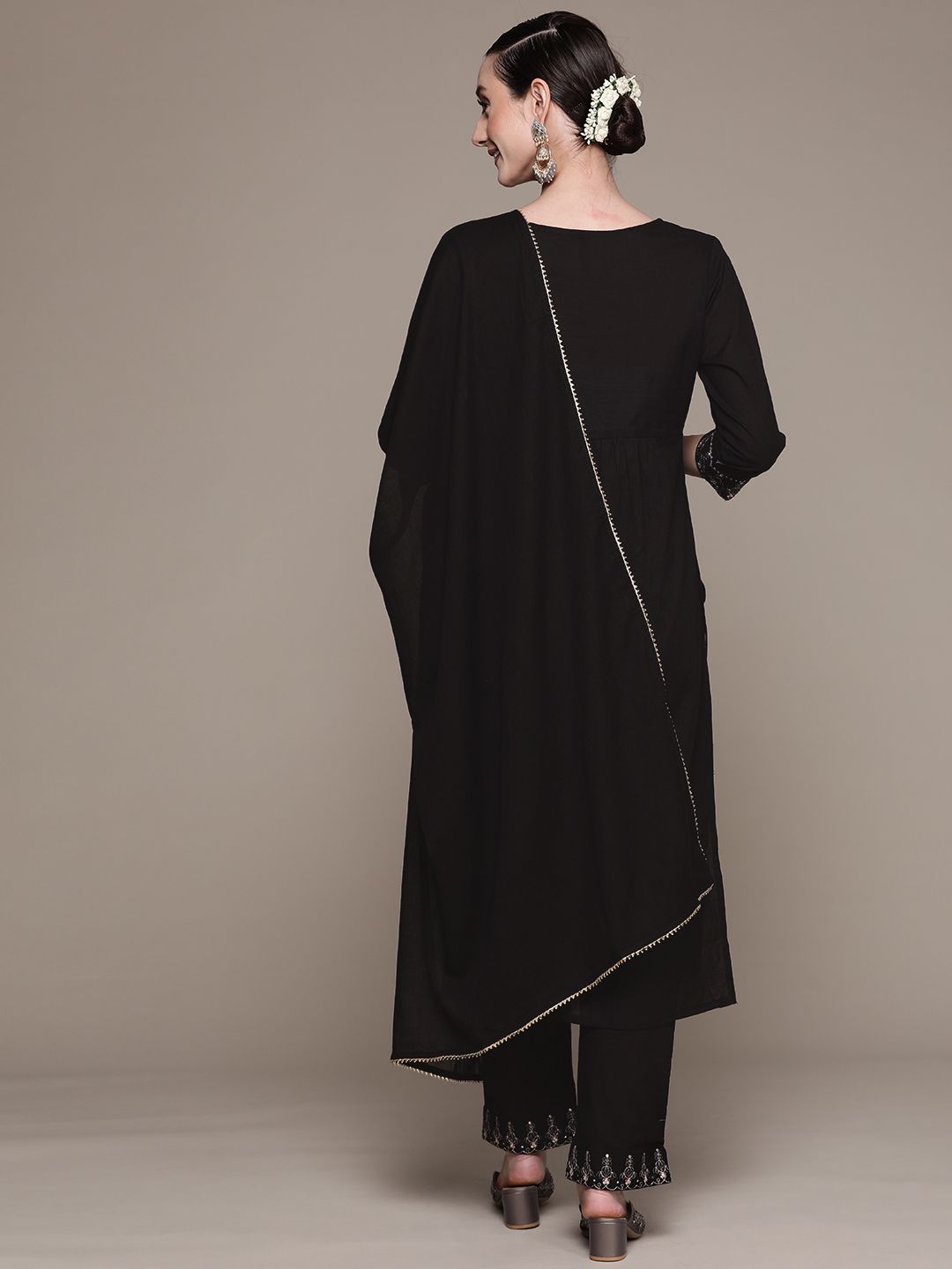 Dhiyona IS Women's Women Black Ethnic Motifs Yoke Design High Slit Kurta with Trousers & With Dupatta