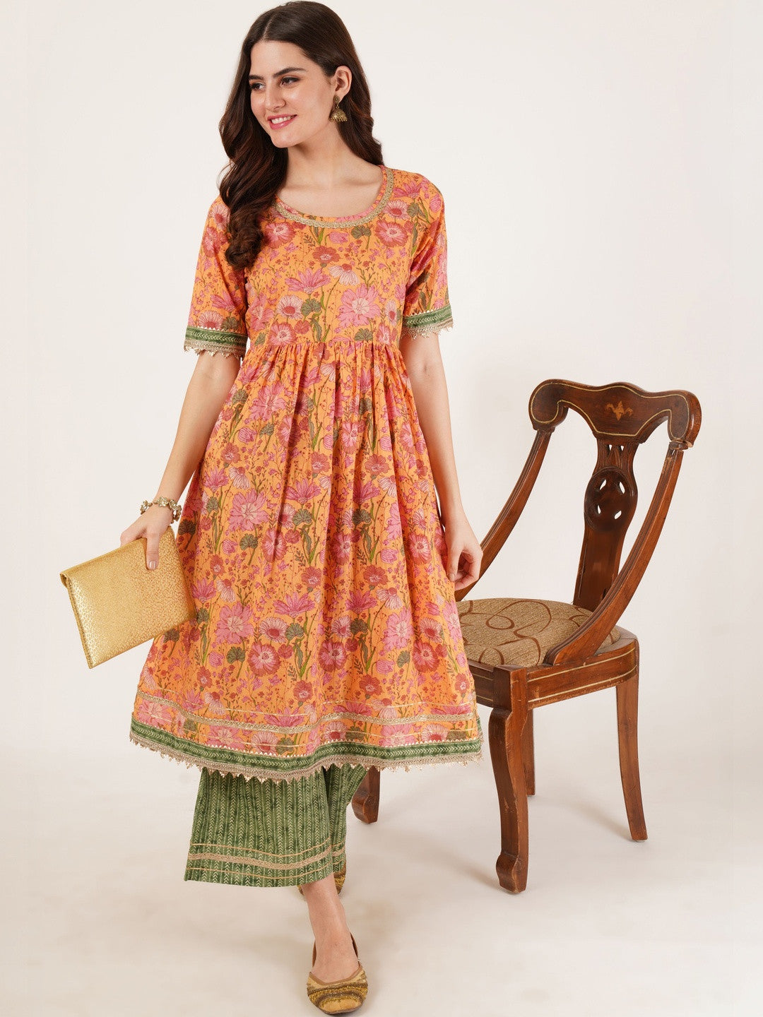 Women Floral Printed Regular Gotta Patti Pure Cotton Kurta with Palazzos