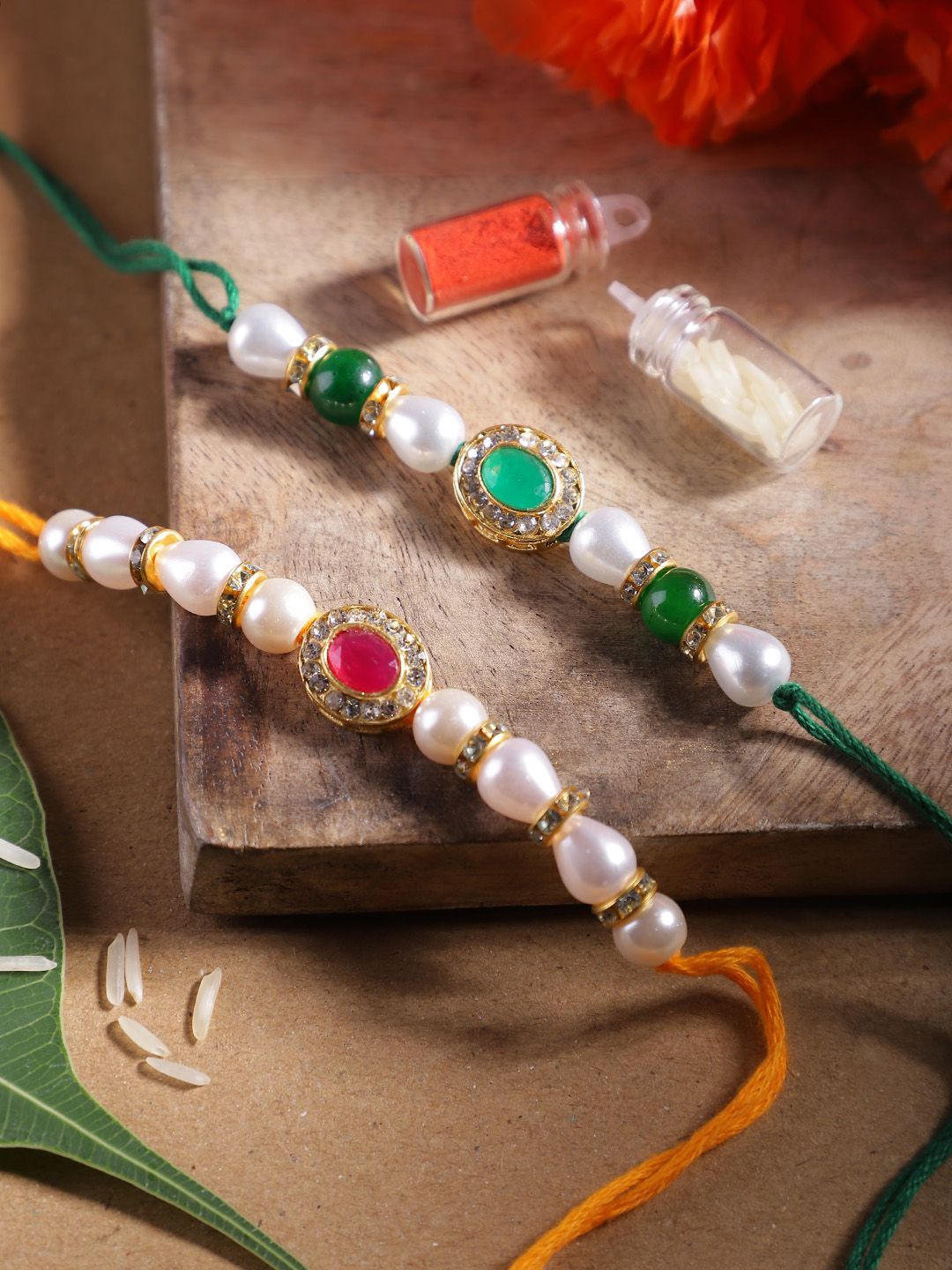 Dhiyona Unisex Set of 2 Beaded Bhai Bhabhi Rakhis With Roli & Chawal