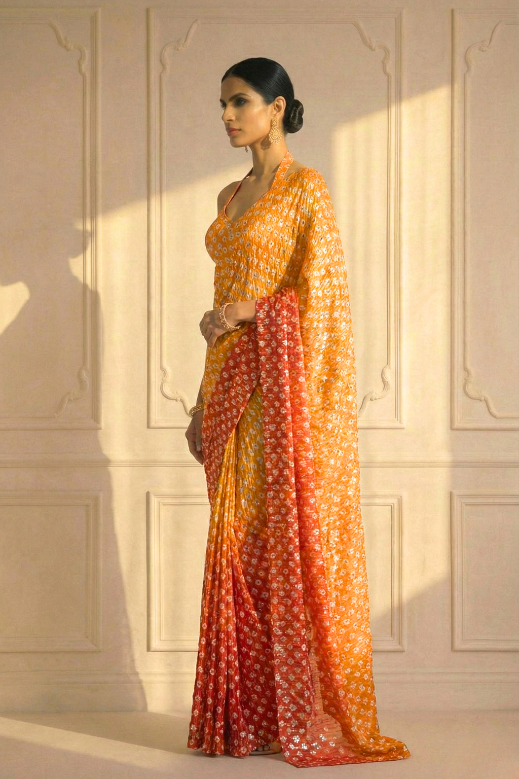 Dhiyona ST Sunset Orange and Yellow Ombre' Knitted Printed Sequin Saree with Blouse Fabric